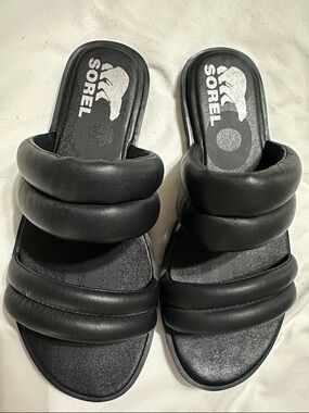 Sorel Black Padded Double-Strap Slide Sandals